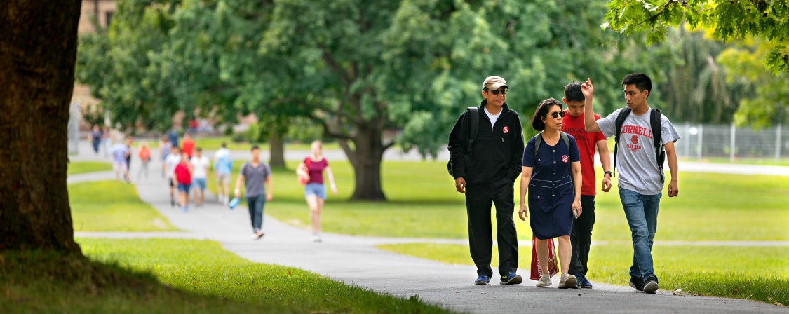 Students and family members walk through the Arts Quad in the fall