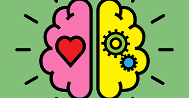 brain showing icons of a heart and gears