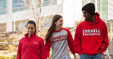 Three students wearing Cornell Engineering apparel