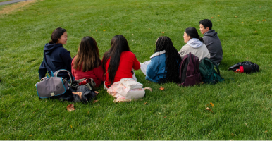 students talking on grass