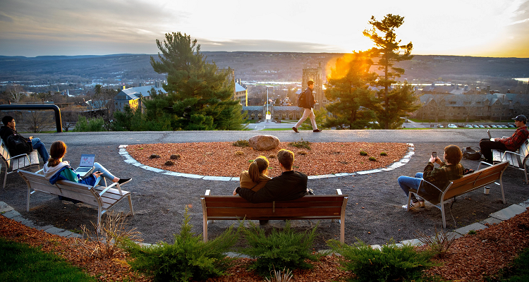 Students on Uris Library balcony 